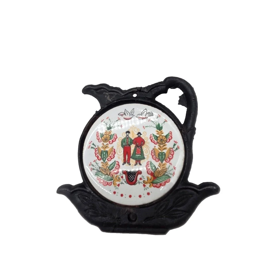 Vintage Cast Iron And Ceramic Trivet Hot Plate Spoon Rest Scandinavian Couple...